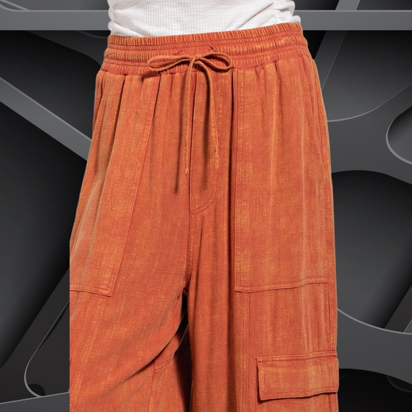 EASEL "Linen Lounge" Cotton Blend Mineral Washed Wide Leg Pants W/ Cargo Pockets - Picture 6 of 15